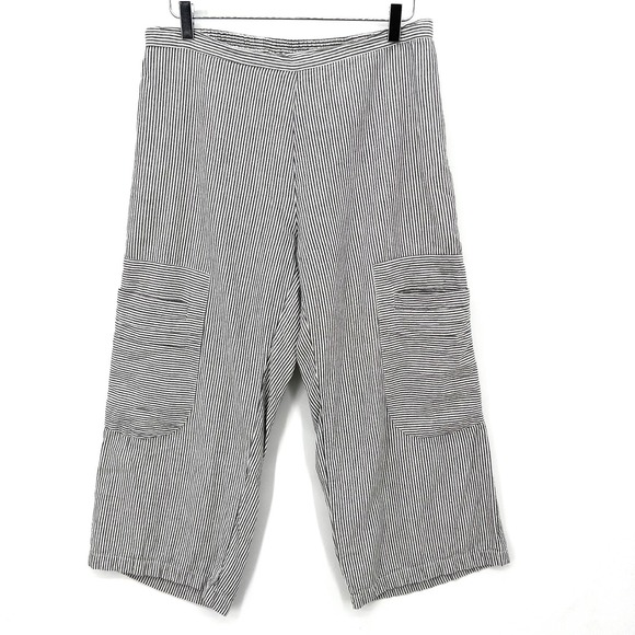 Tulip Clothing Wide Leg Pants Size L Blue Striped Cargo Pockets Lagenlook Boho - Picture 1 of 12